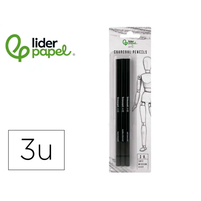Lapices de carboncillo para esbozos liderpapel caja de 3 unidades con diferentes durezas certificado fsc