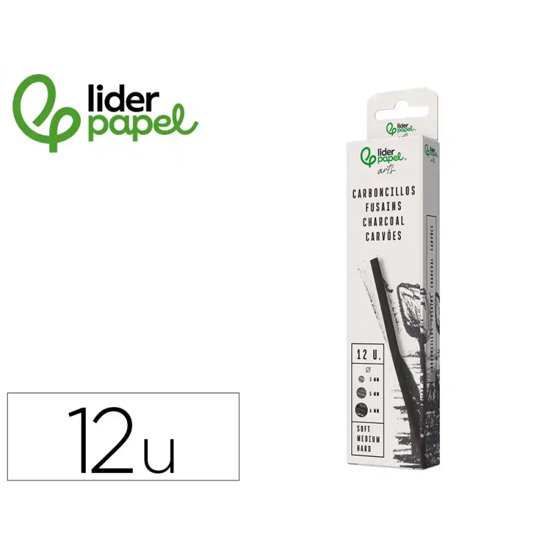 Carboncillo redondo para dibujo liderpapel caja de 12 unidades diametros surtidos