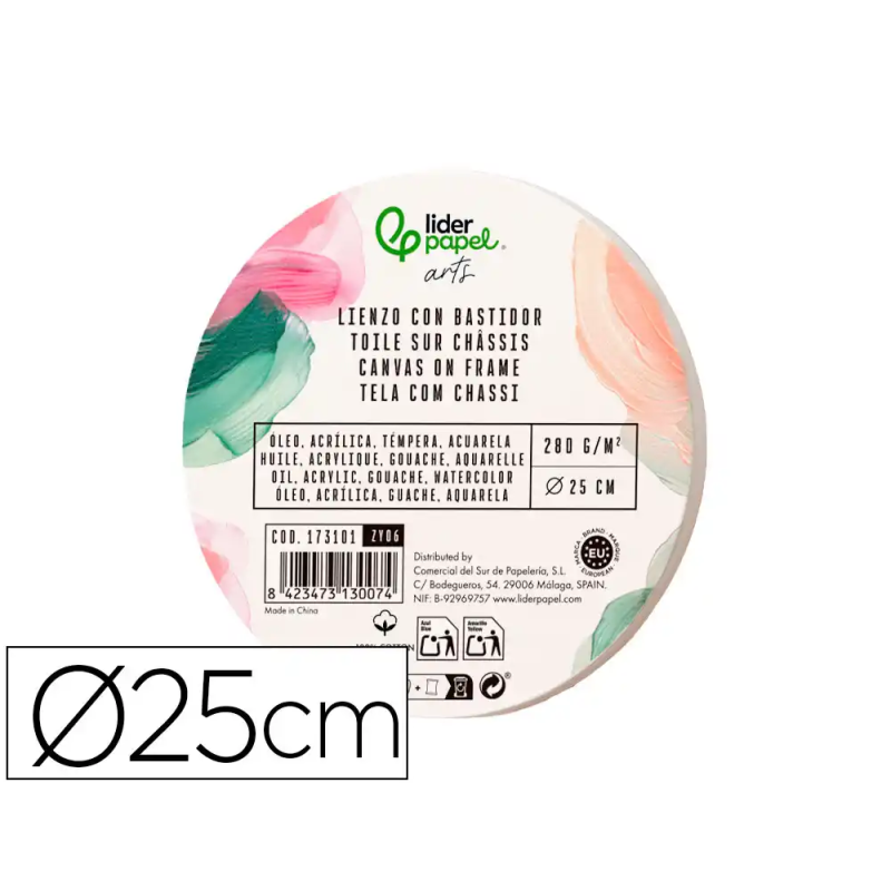 Bastidor redondo liderpapel lienzo grapado parte trasera algodon 100% borde madera 25 cm gramaje 280g/m2