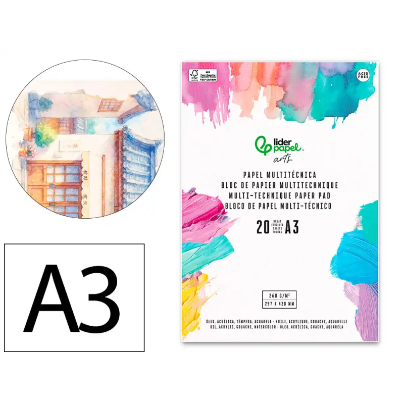 Bloc papel multitecnica liderpapel din a3 para acrilico oleo y gouache 20 hojas gramaje 260g/m2