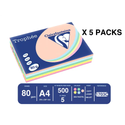 Papel color trophee a4 80gr 5 colores surtidos pastel paquete de 500 hojas (100 hojas x color)
