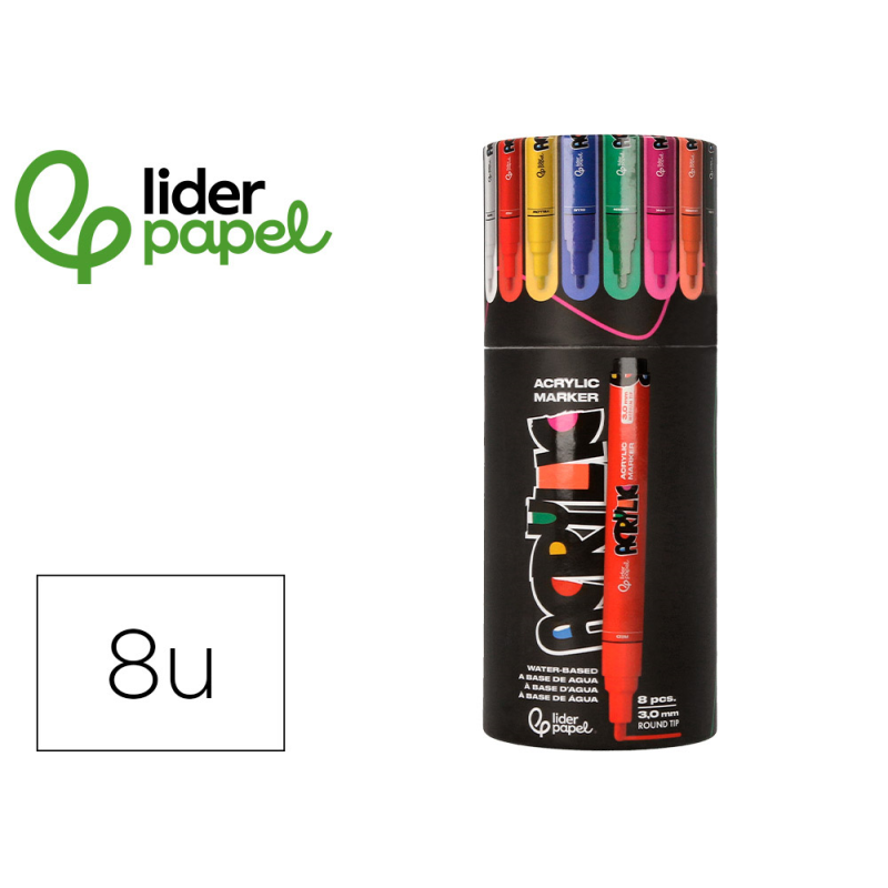 Rotulador liderpapel acrylic base agua todo tipo de superficie punta redonda 3mm caja de 8 unidades colores intensos
