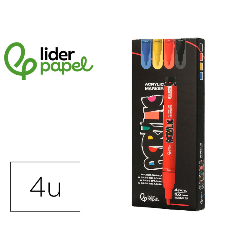 Rotulador liderpapel acrylic base agua todo tipo de superficie punta redonda 3 mm caja de 4 unidades colores basicos