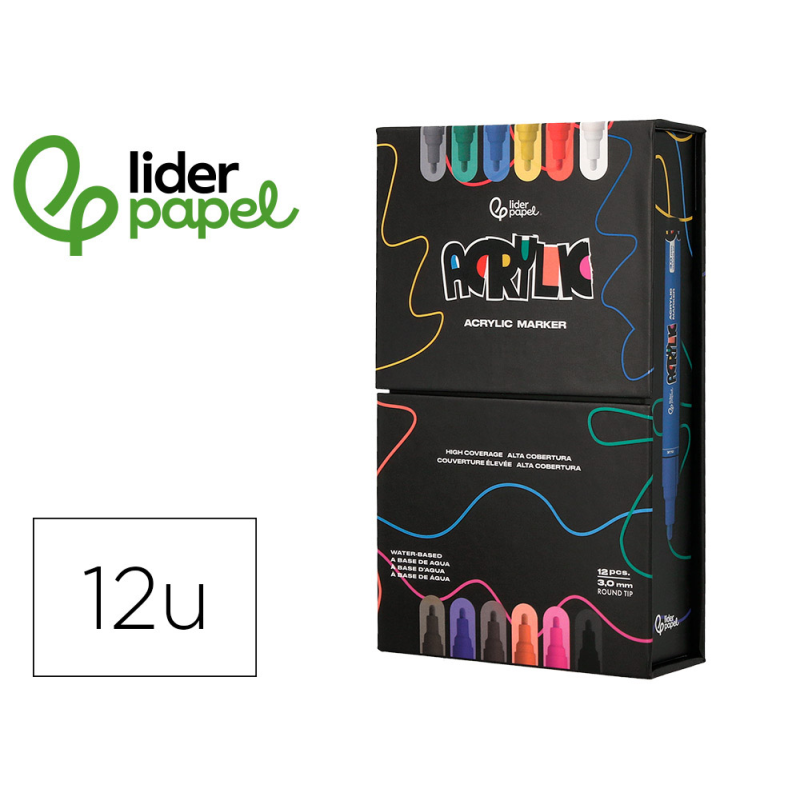 Rotulador liderpapel acrylic base agua todo tipo de superficie punta redonda 3 mm caja de 12 unidades colores surtidos