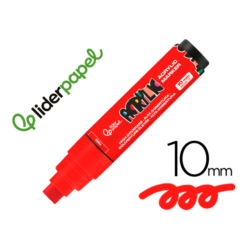 Rotulador liderpapel acrylic base agua todo tipo de superficie punta rectangular 10 mm rojo