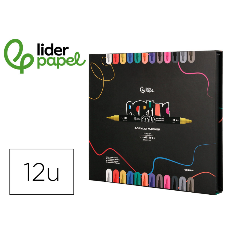 Rotulador liderpapel acrylic base agua todo tipo de superficie doble punta pincel y dot caja de 12 unidades surtidas