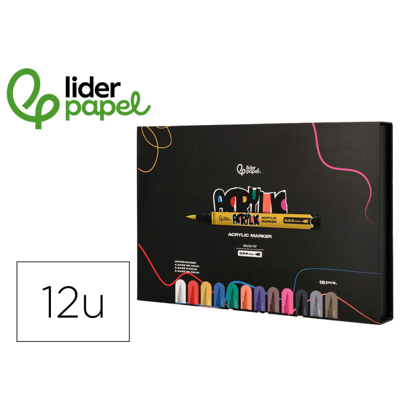 Rotulador liderpapel acrylic base agua todo tipo de superficie punta pincel caja de 12 unidades colores surtidos