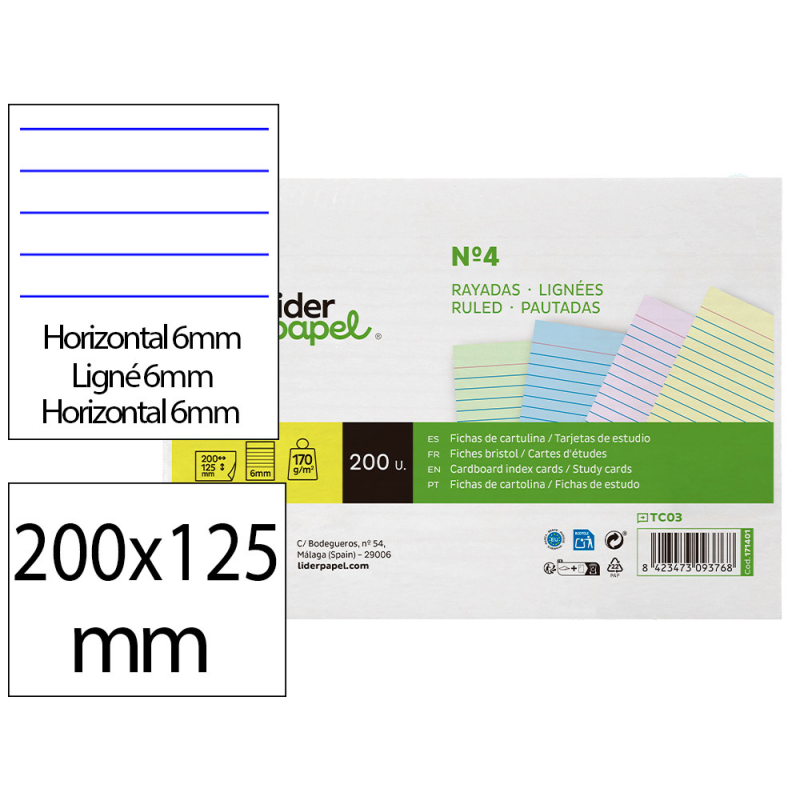 Tarjeta liderpapel para estudiar rayada cartulina de colores 170gr 125x200mm paquete de 200 unidades