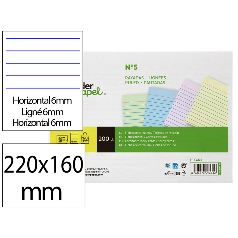 Tarjeta liderpapel para estudiar rayada cartulina de colores 170gr 160x220mm paquete de 200 unidades