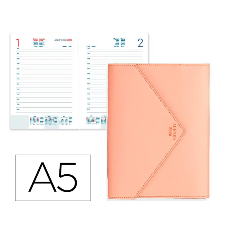 Agenda encuadernada liderpapel psara a5 2026 dia pagina rosa nude papel 70 fsc