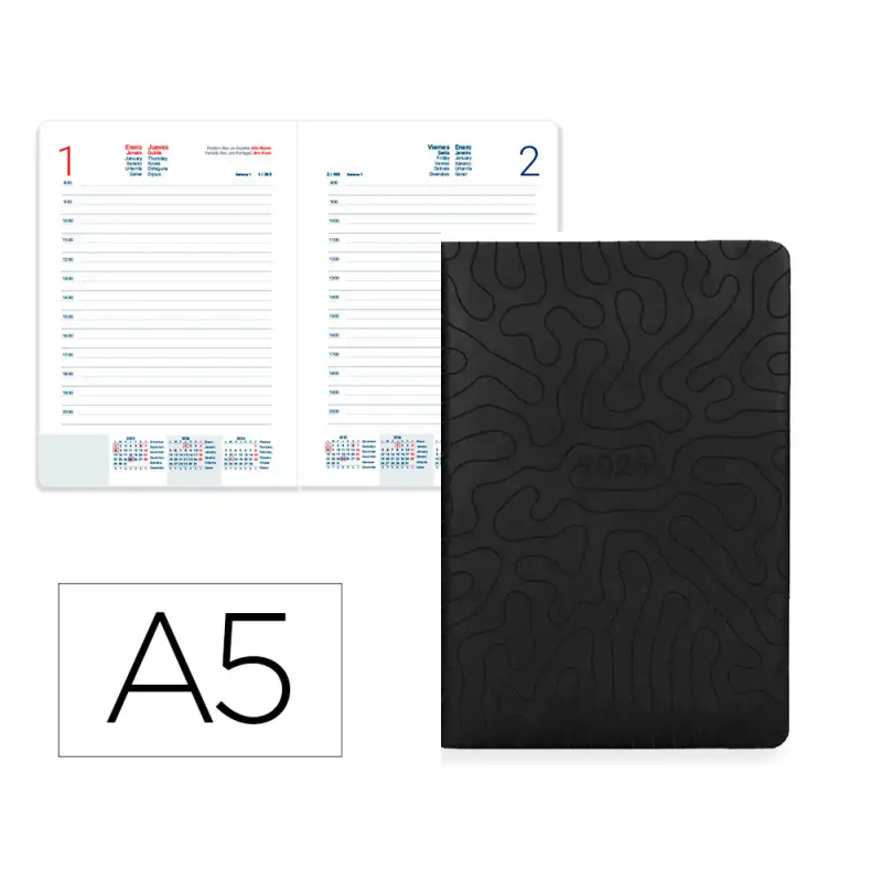 Agenda encuadernada liderpapel lipsi a5 2026 dia pagina negro papel 70 gr fsc