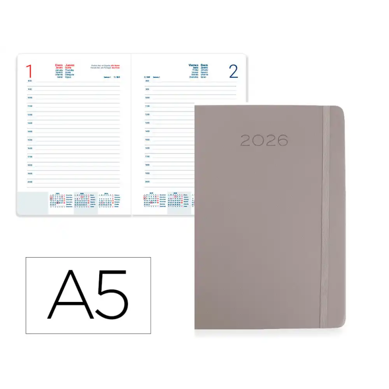 Agenda encuadernada liderpapel mykonos 150x210 mm 2026 dia pagina gris papel 70 gr fsc