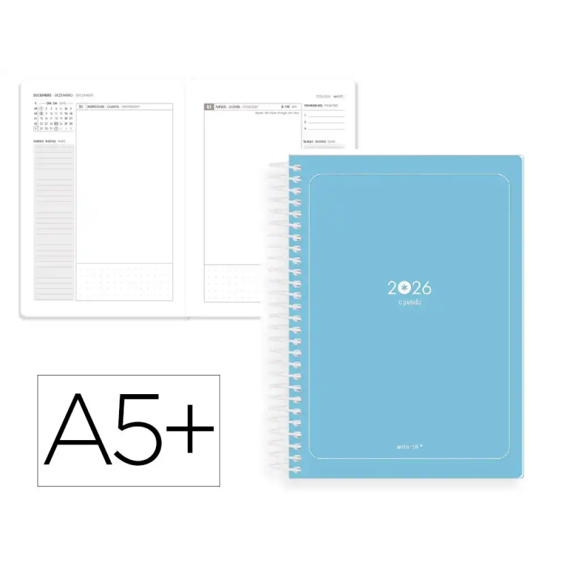 Agenda espiral antartik essentials a5+ 2026 día páginaazul claro papel 80g fsc
