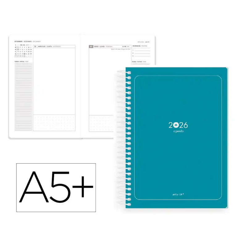 Agenda espiral antartik essentials a5+ 2026 día páginaturquesa papel 80g fsc