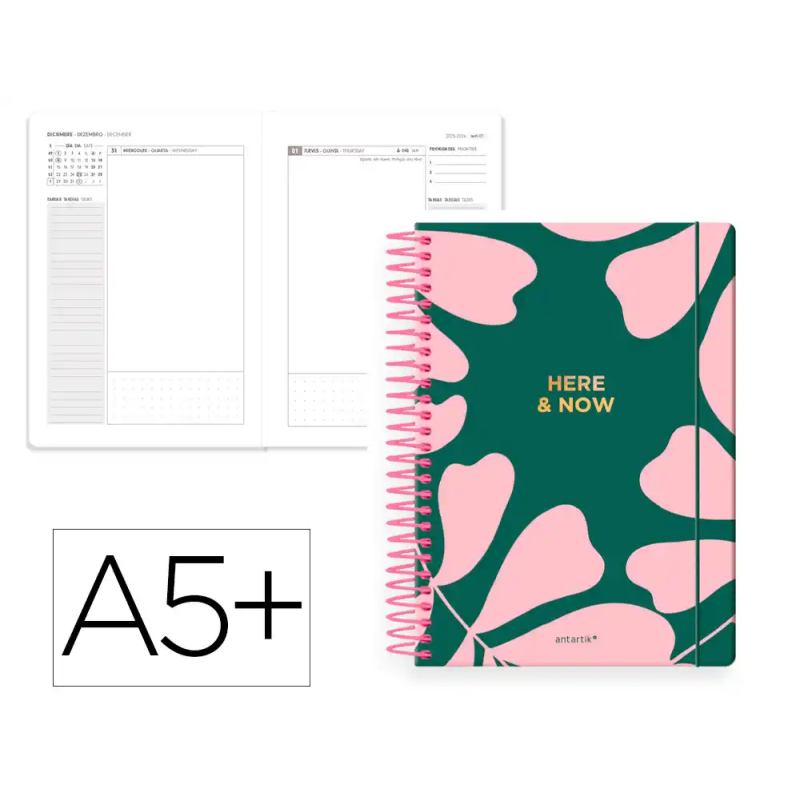 Agenda espiral antartik here and now a5+ 2026 día página verde papel 80g fsc
