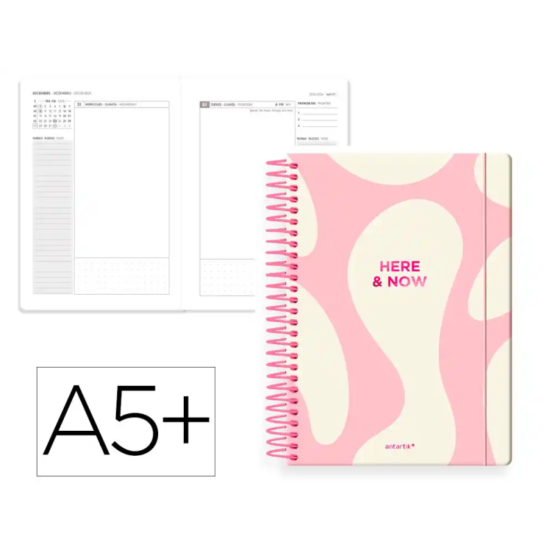 Agenda espiral antartik here and now a5+ 2026 día página rosa papel 80g fsc