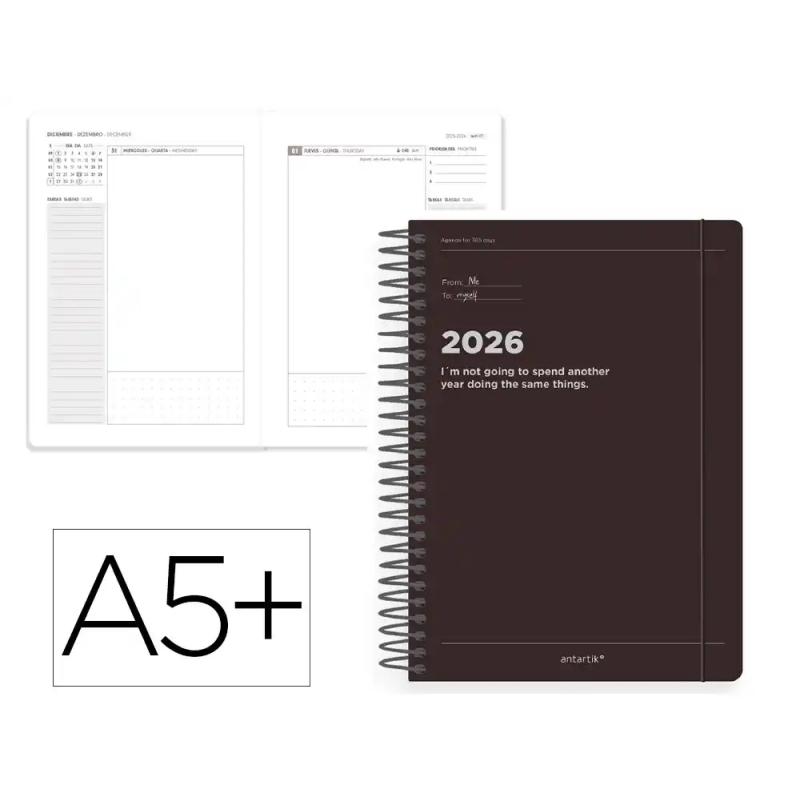 Agenda espiral antartik manifest a5+ 2026 día página negro papel 80g fsc