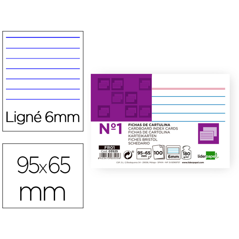 Ficha liderpapel rayada nº1 65x95 mm 180gr paquete de 100 unidades