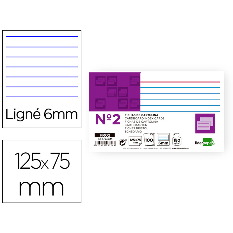 Ficha liderpapel rayada nº2 75x125 mm 180gr paquete de 100 unidades