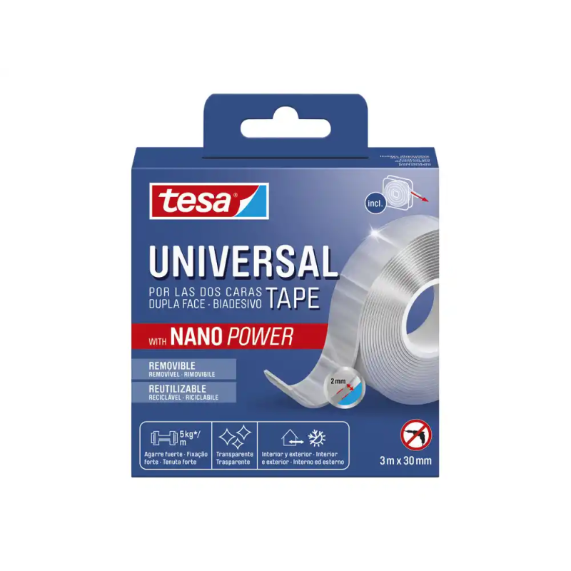 Cinta adhesiva tesa doble cara nano universal transparente 3 mt x 30 mm