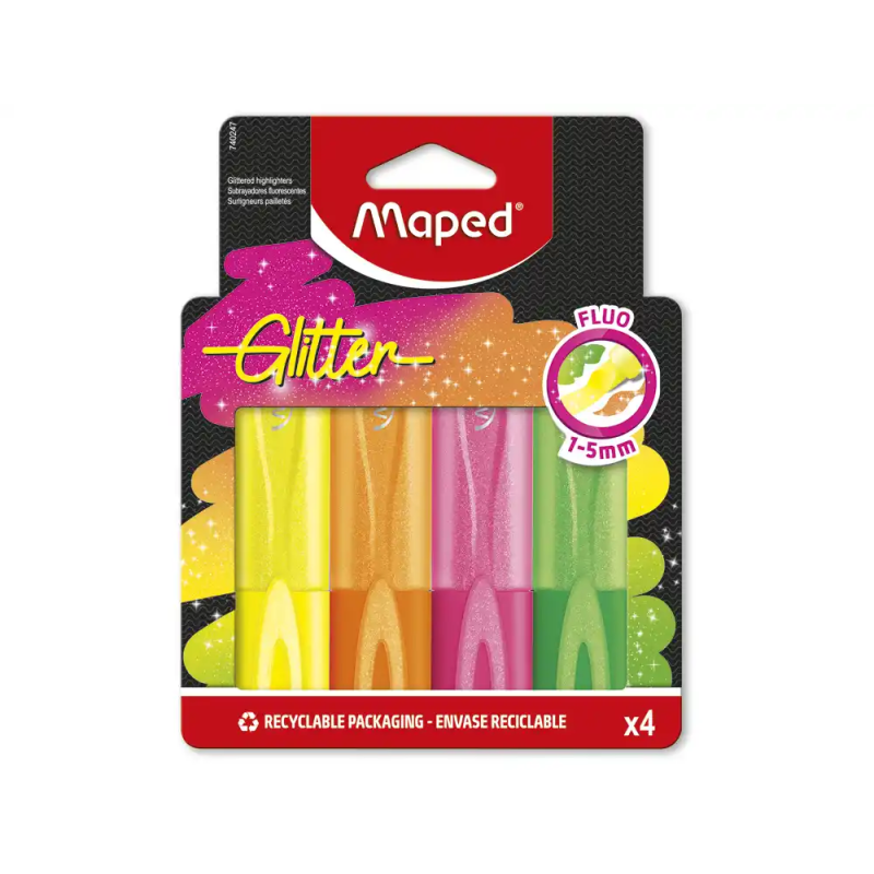 Rotulador maped fluorescente glitter blister de 4 unidades colores surtidos
