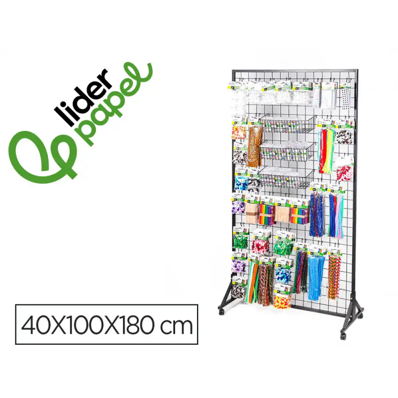 Expositor liderpapel metalico para productos de manualidades con 373 unidades surtidas 40 ganchos y 3 bandejas