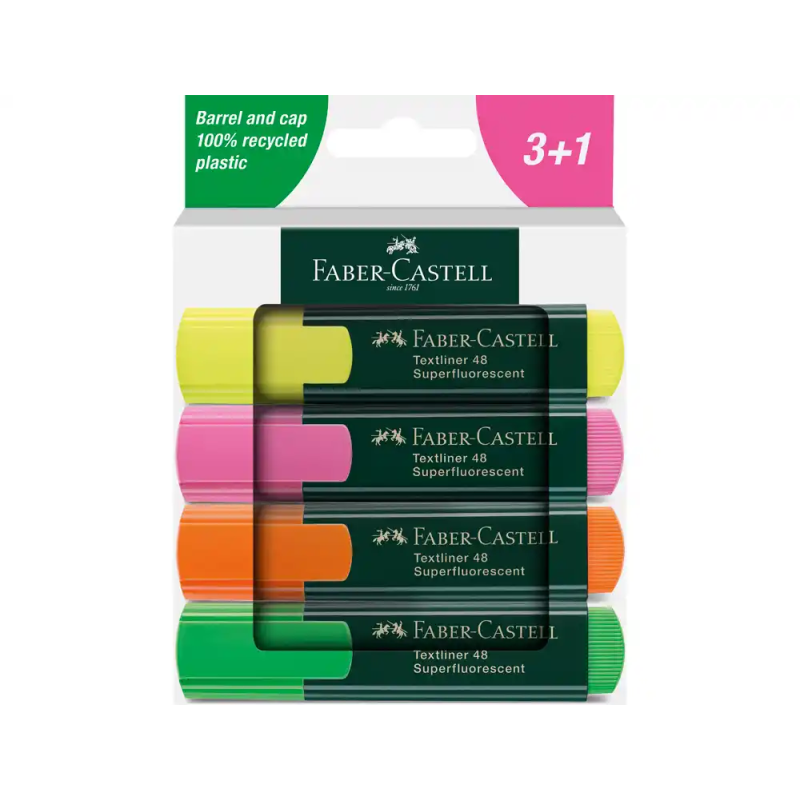 Rotulador faber castell neon txtlnr fluorescente caja de 3 + 1 unidad gratis colores surtidos