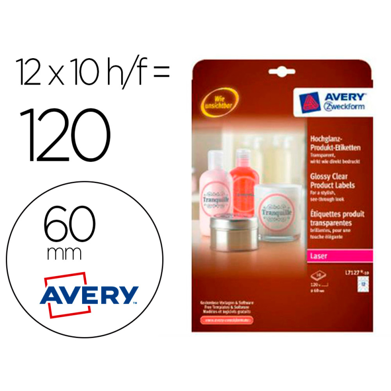 Etiqueta adhesiva avery brillante invisible redonda laser 60 mm caja de 120 unidades